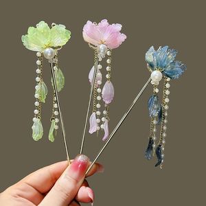 Horquilla de aleación para mujer con borla larga, estilo chino, adorno para el cabello con pétalos azules, perlas de hada, decoración para Cheongsam, joyería para moños. - Product Image 1