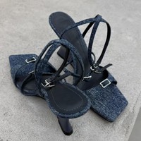 Nouvelles sandales compensées en jean pour femme, été 2026, à bout carré, à lanières, talon haut, plateforme, en tissu jean bleu, chaussures pour femme