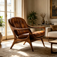 Fauteuil de détente en cuir marron capitonné avec structure en bois de noyer massif pour un espace de vie résidentiel vintage et rétro