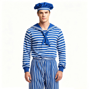 Costume de <span class=keywords><strong>marin</strong></span> pour <span class=keywords><strong>homme</strong></span>, tenue marine classique à rayures bleues et blanches avec chapeau pour Halloween, cosplay et soirées à thème - Product Image 6