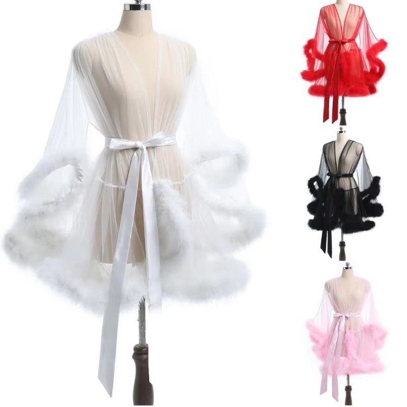 Women's Plus Size Lingerie Robe Transparant Feather Robe Mesh Sheer Tulle Long Sleeve Lace Nachtkleding Kimono Badjas met Ruche Feather Trim,7,M