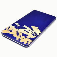 Caja de hojalata con patrón de salpicaduras cian y amarillo, mini estuche metálico portátil para almacenamiento, con logotipo de marca personalizado en relieve