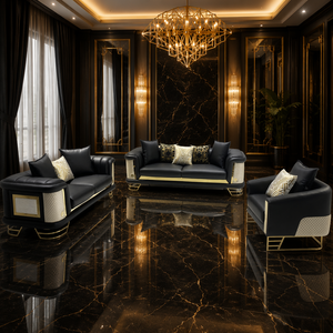 Juego de Sofás Modernos de Lujo, Sofá de Cuero Negro con Patas Angulares de Metal Dorado y Cojines con Acentos Geométricos - Product Image 6