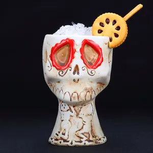 New creative Hand painted custom Hawaiian vasos Tiki tumbler Bar use red eyes skull head shaped Ceramic mug Cocktail tiki mugs