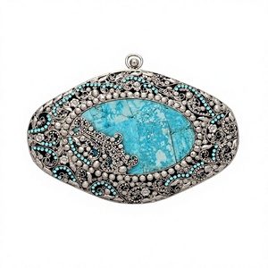 Natural Turquoise Gemstone <b>Clutch</b> | Handmade Silver Filigree Minaudiere | Luxury Bridal <b>Wedding</b> Evening Bag for Women Oval Purse - Product Image 1