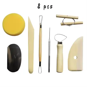 8PCS粘土彫刻ツール木製ハンドル陶器彫刻ツールキット初心者のための必須のセラミック粘土ツール