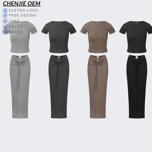 Set Due Pezzi Vintage con Logo Personalizzato, T-Shirt Slim Fit a Maniche Corte e Gonna Lunga Aderente, Outfit Y2K OEM - Product Image 1