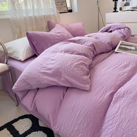 Parure de lit 4 pièces moderne couleur unie, effet lavé, douce et respirante, comprenant housse de couette, drap-housse et taies d'oreiller, pour un intérieur confortable