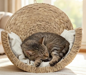 Lit pour chat en rotin artisanal écologique, forme de dôme, panier tissé pour animaux de compagnie, grotte, matériau en paille naturelle avec coussin amovible doux - Product Image 6