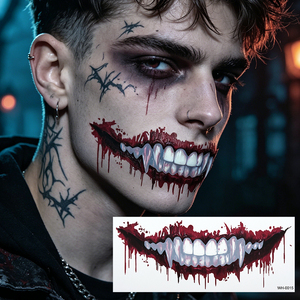 Precio de fábrica: <span class=keywords><strong>Tatuaje</strong></span> temporal no tóxico de maquillaje de terror realista con boca sangrienta de vampiro, colmillos de Joker y sonrisa, de papel blanco indio. - Product Image 4