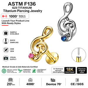 ASTM F136 G23 Titan G-Dur Musiknoten CZ Gewindeloser Push-Pin Labret Knorpel Helix Tragus Piercing Schmuck Vergoldet - Product Image 1
