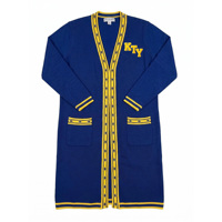 Vente en gros de cardigan long pour femmes en tricot bleu royal, personnalisé OEM ODM, broderie chenille, ouverture sur le devant, imprimé