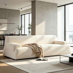 Canapé 3 places confortable et incurvé en tissu Teddy, structure en bois massif blanc, éponge haute résilience, mobilier de salon domestique - Product Image 1