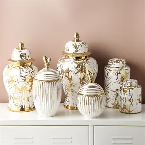 Nordic Table Decoration Geometry Design Gold And White Handmade Floral Home Decor Ornaments Ceramic Jar