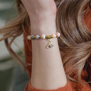 Bracelet unisexe tendance avec pendentif œil en perles ovales de pierres naturelles mélangées de 8 mm, idéal pour les cadeaux, personnalisable avec carte en papier kraft pour petites entreprises. - Product Image 2