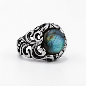 Vintage Stainless Steel <b>Ring</b> Oval <b>Labradorite</b> Stone Inlay Scroll Pattern Mens Jewelry BEST for Gift Party - Product Image 1