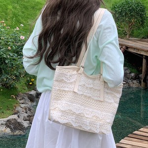 กระเป๋าโท้ท ผ้าลูกไม้ตาข่าย สีขาว ความจุขนาดใหญ่ ใช้ได้ทุกวัน ฤดูร้อน 2025 กระเป๋ามีซิป ปักลาย สีพื้น - Product Image 3