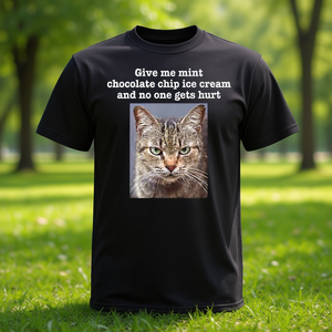 Camiseta con diseño sarcástico de gato gris tabby y helado de menta con chispas de chocolate, unisex, para adultos, manga corta, cuello redondo, impresión digital - Product Image 3