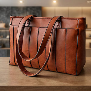 Pochette légère et facile à transporter en cuir véritable marron, fabriquée à la main, de luxe, imperméable, avec fermeture éclair, antivol, et bandoulière. - Product Image 1