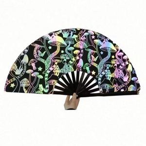 พัดไม้ไผ่สีดำขนาด 13 นิ้ว ผ้าสะท้อนแสง 33 ซม. งานฝีมือแกะสลักธรรมชาติ พับได้ ของขวัญธุรกิจยุโรป ของที่ระลึกส่งเสริมการขาย - Product Image 1