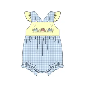 Puresun Children Clothing Wholesale Summer Crab Embroidery Kids Clothes Baby Girl Outfit With Gingham
