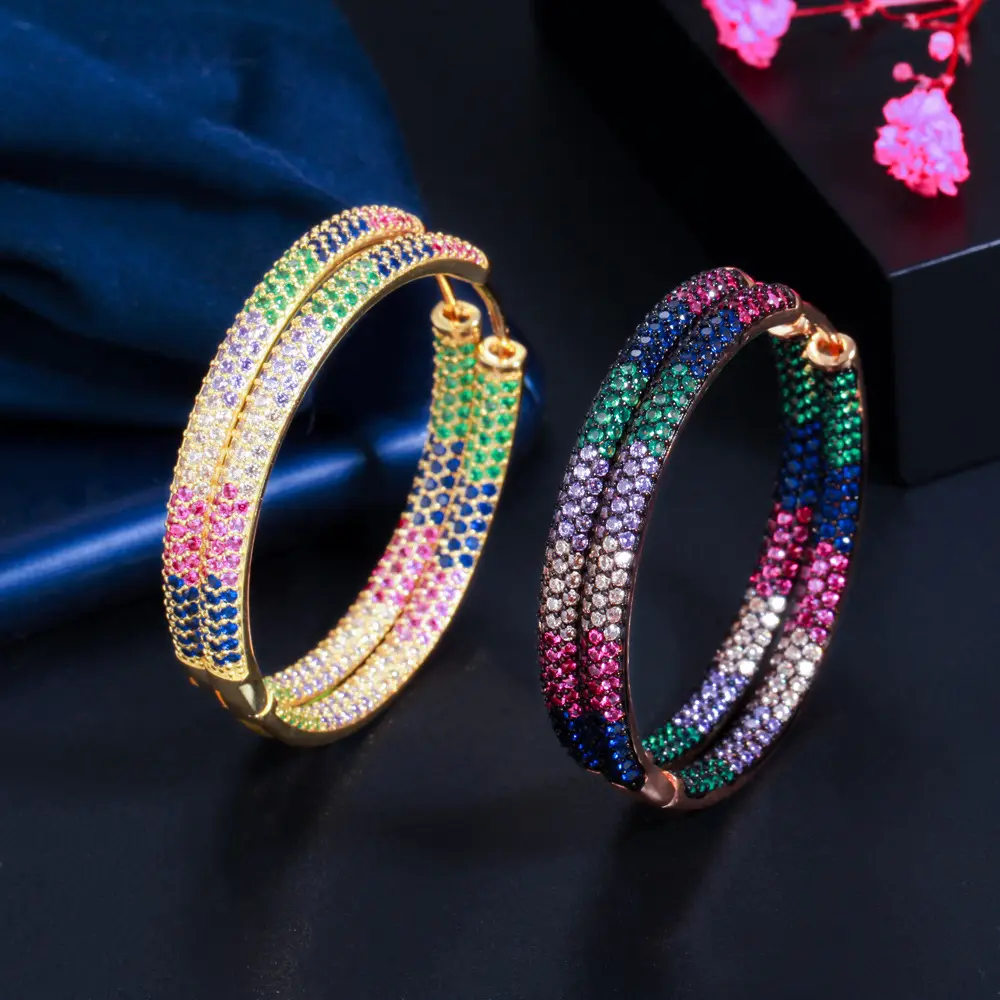 Popular Jewelry Women's Micro-inlaid Zircon Large Earrings Black Gold Plated Earrings 4.2CM Big Hoop Earrings