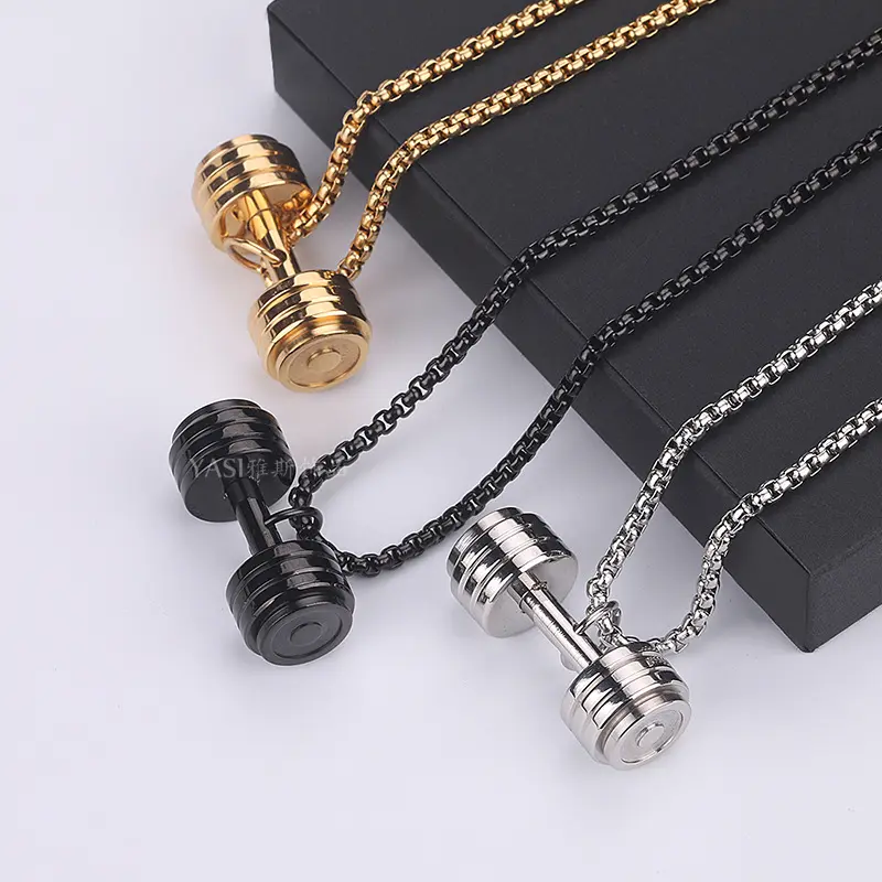 Nouveaux produits Fitness Sports pendentif en acier inoxydable or ruban plaqué haltère haltère collier pour hommes