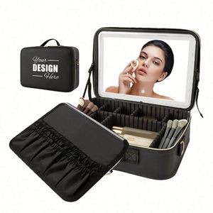 Custom Polyester Travel <b>Makeup</b> Bag with Zipper Closure LED Mirror-14.6''x10.3'' Organizer 3 Color Brightness Large Cosmetic <b>Case</b> - Product Image 1