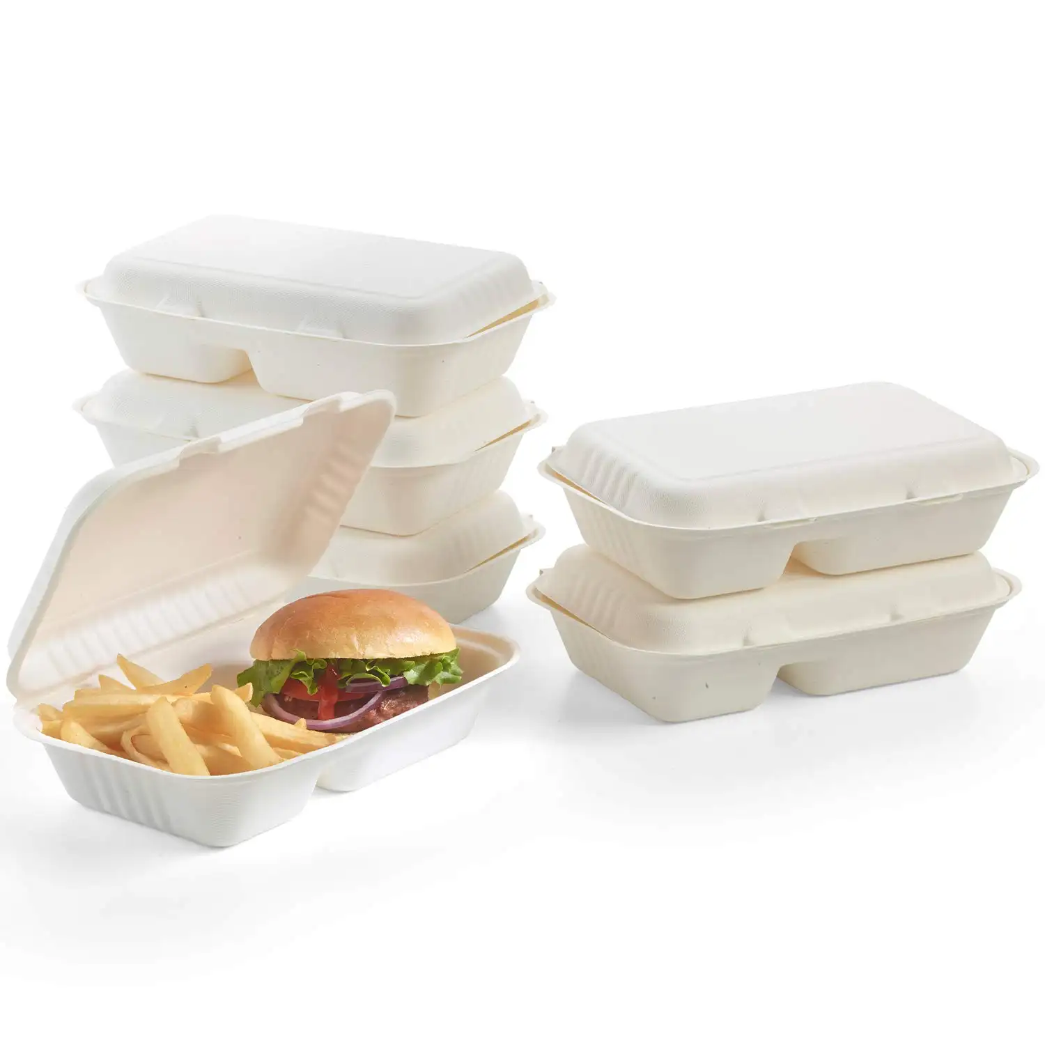 6x6 contenitore compostabile a conchiglia bagassa incernierato bagassa a conchiglia per Lunch Box contenitore per alimenti a conchiglia