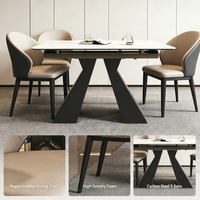 Ensemble de table à manger extensible en pierre frittée 140-240 cm avec structure en acier carbone et chaises en cuir Nappa pour la maison, l'hôtel et le restaurant