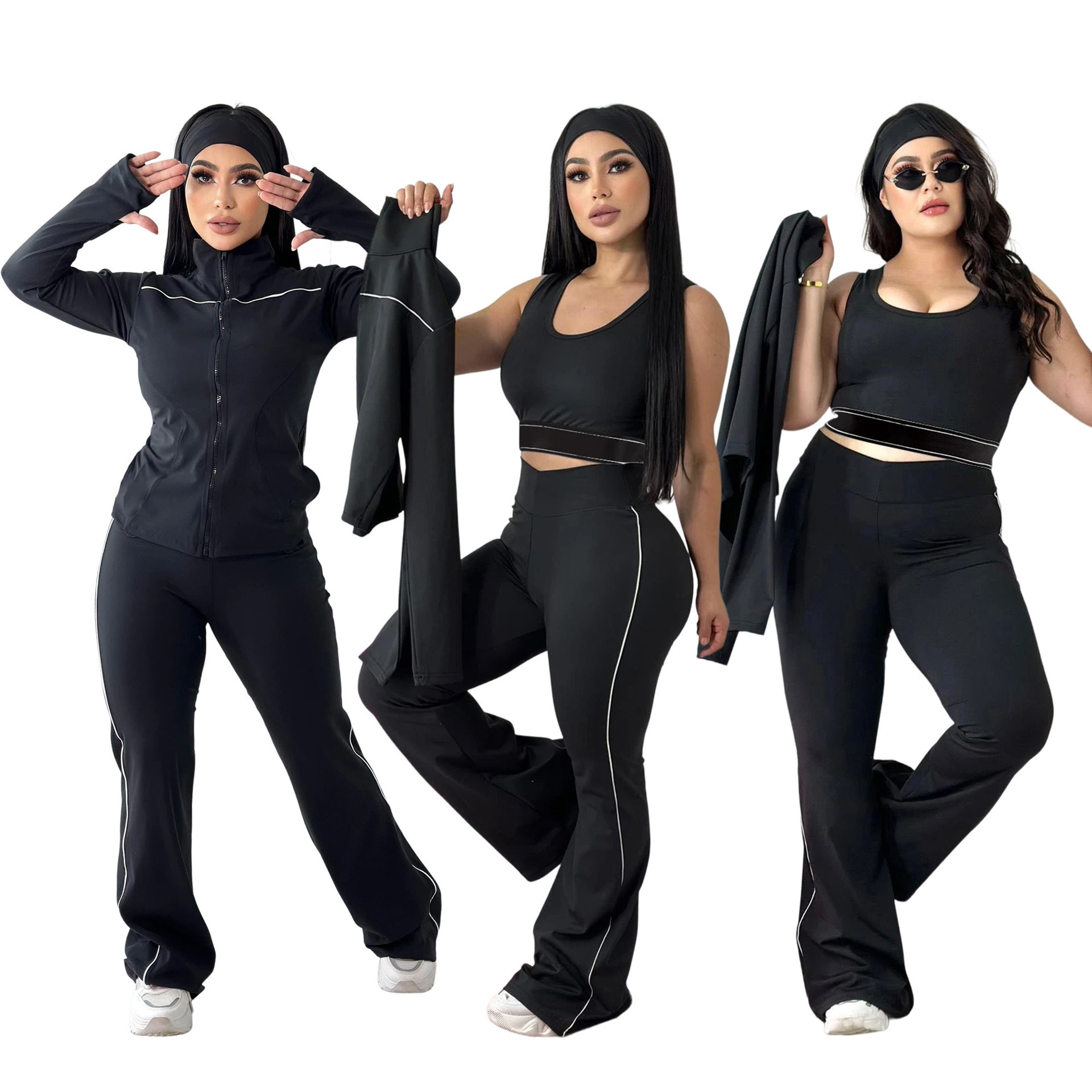 Y0601 Fashion Nude High Elasticity Fitness Suit, Casual Running and Sports Three Piece Set