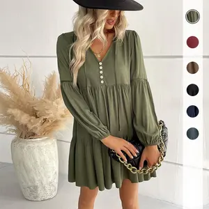 Spring New Long Sleeve Dress Green Pleated Lace Up Dress Women Clothing Casual Midi Dress