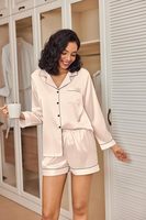 Pyjamas en soie pour femmes, vêtements de nuit à manches longues, vêtements de détente boutonnés en soie douce, ensemble short et pyjama 2 pièces