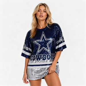 Abito da <span class=keywords><strong>donna</strong></span> Cowboys con paillettes, stile maglia da football - Fantasia a tinta unita, vintage, dolce, casual, per feste, vita naturale, per l'autunno e tutto l'anno - Product Image 3