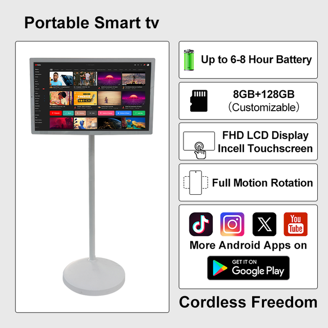 Portable 27-Inch Smart Flat Screen LED Display Rechargeable TV White for Outdoor Activities Bathroom Kitchen Cooking Demos