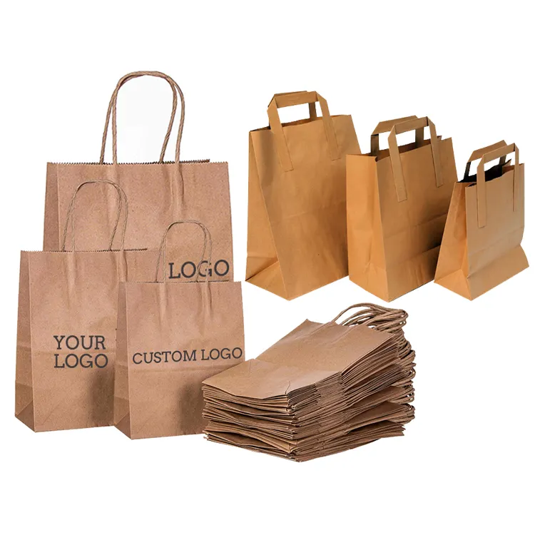 Shopping di alimentari da asporto personalizzato piccoli sacchetti di imballaggio tote kraft di medie dimensioni sacchetti di carta marrone normale con manici