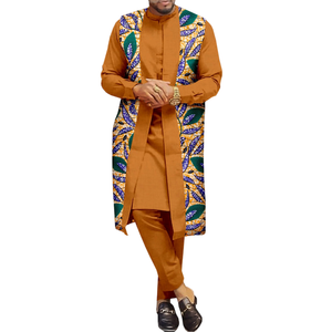 Ensemble 2 pièces formel Dashiki pour <span class=keywords><strong>homme</strong></span>, grande taille, en coton uni, brodé, anti-plis, à manches longues, motif géométrique, style ethnique africain - Product Image 1