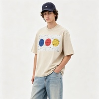Kaos Pria Lengan Pendek Katun O-Neck Motif Lingkaran Tiga Warna Distressed Gaya Musim Panas Streetwear untuk Pemakaian Sehari-hari