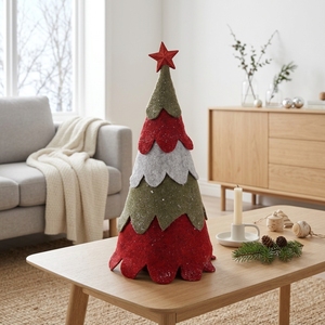 Árbol de <span class=keywords><strong>Navidad</strong></span> Cónico de Fieltro Rojo, Verde y Blanco con Pétalos en Capas para Mesa, Adorno de Estrella Roja para Chimenea Estilo Rústico - Product Image 1
