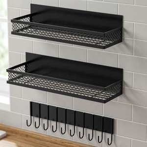 Étagère de rangement murale en métal avec étagères en maille et crochets, style industriel, organisateurs à double niveau pour mur ou porte - Product Image 3