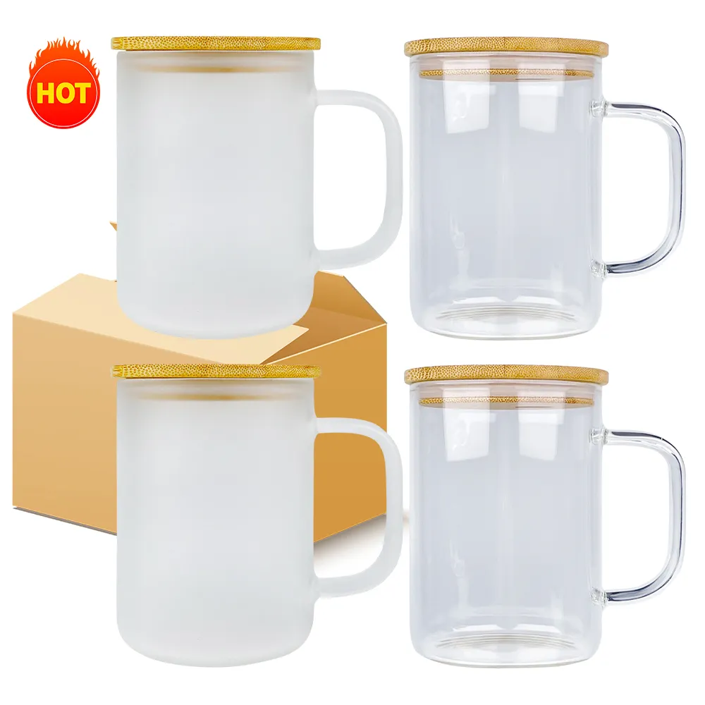 Hittebestendige Borosilicaatglas Koffiekopjes 11Oz 17Oz Heldere Matte Sublimatie Koffiemok Met Handvat En Bamboe Deksel