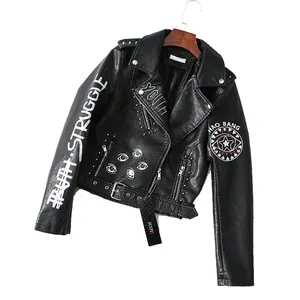 Street Graffiti Printing Crazy Contrast Color Motorcycle PU Leather Short Jacket For Woman