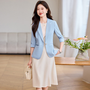 Light Blue Women's Blazer Slim Fit Solid Color Polyester Anti-Wrinkle Spring Summer Casual Suit Jacket For Petite Women - Product Image 1