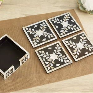 ชุดที่รองแก้ววอลนัทฝังกระดูกทำด้วยมือจานรองแก้วสี่เหลี่ยมพร้อมที่รองแก้วตกแต่ง - Product Image 1