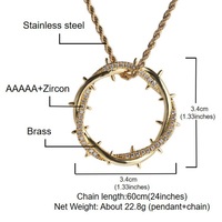 Collier pendentif Couronne d'épines en laiton plaqué or 18 carats pour homme, incrusté de zircons et de CZ, style Hip Hop Iced Out, avec chaîne torsadée