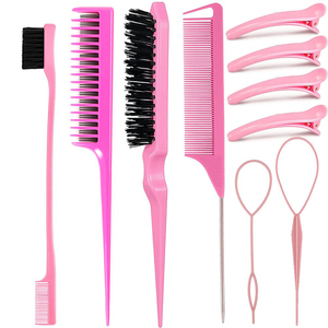 10 pièces ensemble de peignes de coiffure taquiner ensemble de brosses à cheveux outils de coiffure à <span class=keywords><strong>boucle</strong></span> en plastique et peigne à queue de rat avec pinces à cheveux - Product Image 1