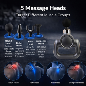 Pistolet de massage professionnel <span class=keywords><strong>portable</strong></span> 30W 3200 tr/min 5 vitesses silencieux pour tissus profonds, moteur sans balais rechargeable, batterie lithium-ion, 4 têtes - Product Image 3