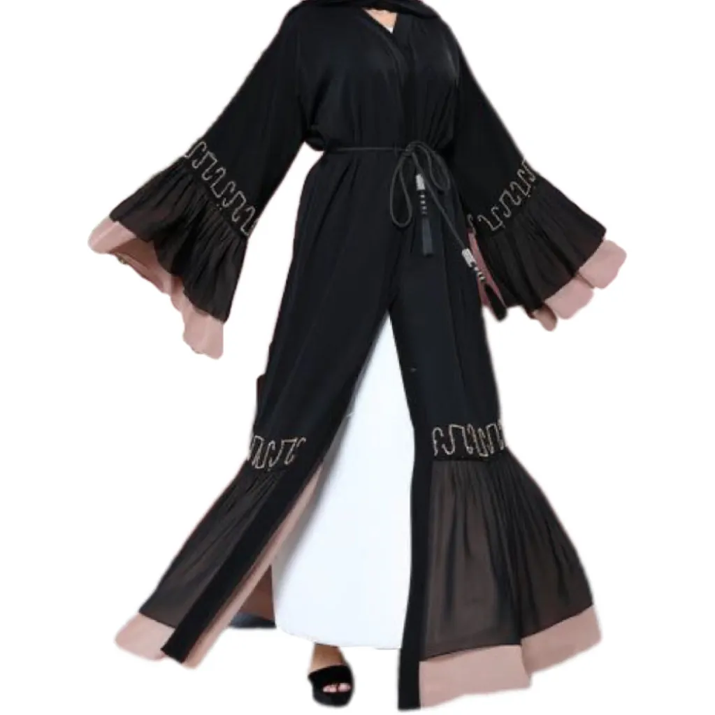 Abito da donna musulmano New Abaya Dubai con Design con volant e strass abbigliamento islamico nero aperto abito modesto Abaya