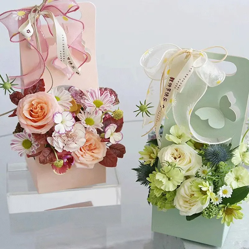 나비 휴대용 꽃 상자 꽃다발 중공 손잡이 바구니 포장 종이 꽃꽂이 상자 파티 선물 포장 상자
