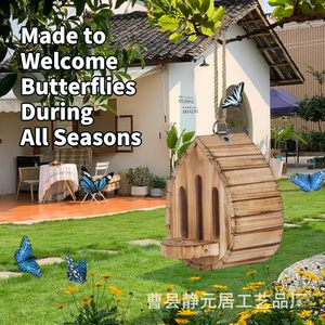 Maison pour papillons en bois Jingyuanju 16x19.5x13.2 pouces, habitat suspendu d'extérieur avec mangeoire, décoration de jardin - Product Image 3